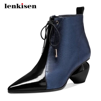 

Lenkisen big size genuine leather mixed colors european design pointed toe high strange heel zipper office lady ankle boots L2f2