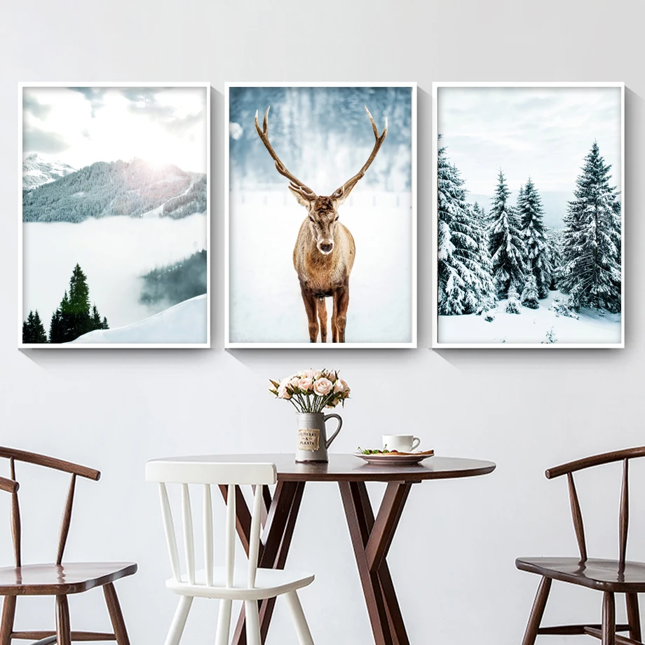Winter Snow Mountain Forest Deer Fox Wall Art Canvas Painting Nordic Posters And Prints Wall Pictures For Home Living Room Decor
