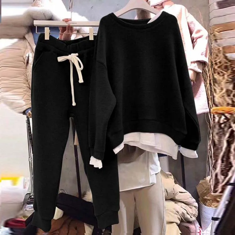 

South Korea Dongdaemun 2019 Spring And Autumn Fake Two-Piece Joint Loose-Fit Hoodie Women's Two-Piece Set Hoodie Hong Kong Flavo