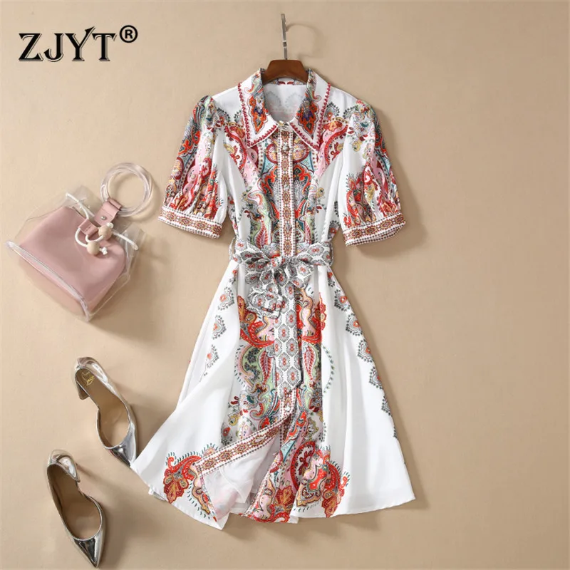 

2020 New Summer Runway Dress Women High Quality Fashion Short Sleeve Beading Collar Vintage Print Indie Folk Holiday Dress