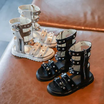 

Kids Sandals Summer Fashion Rivet High Tube Roman Sandals Solid Color Children Big Girl Shoes Beach Sandals Black SZ232