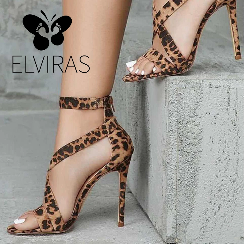 

ELVIRAS Fashion leopard ladies sandals party wedding shoes women's shoes high heel sandals with straps sexy ladies high heels