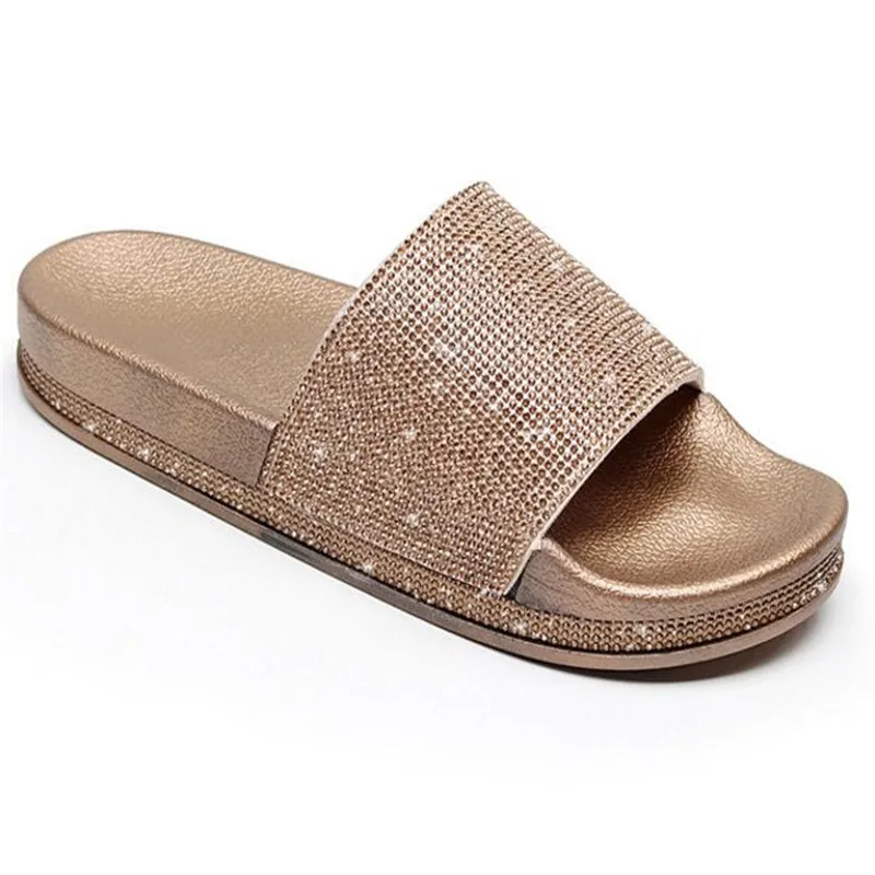

Fashion Women Slippers Crystal Flat Heel Summer Shoes Female Indoor Outside Bling Beach Slides Open Toe Rhinestone Ladies Shoe