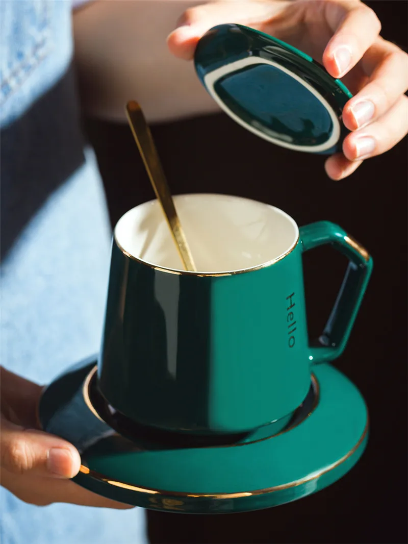Luxury Creative Coffee Cup Saucer European Household Water Cup Exquisite Office Latte Cup Milk Mug with Lid Spoon Mixing Cup Set
