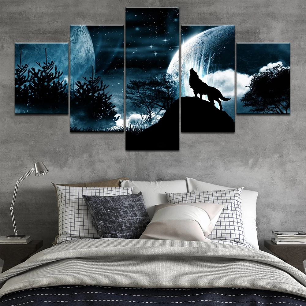 

Living Room Modular Pictures HD Printed Canvas 5 Panel Full Moon Night Forest Wolf Framed Wall Art Painting Poster Home Decor