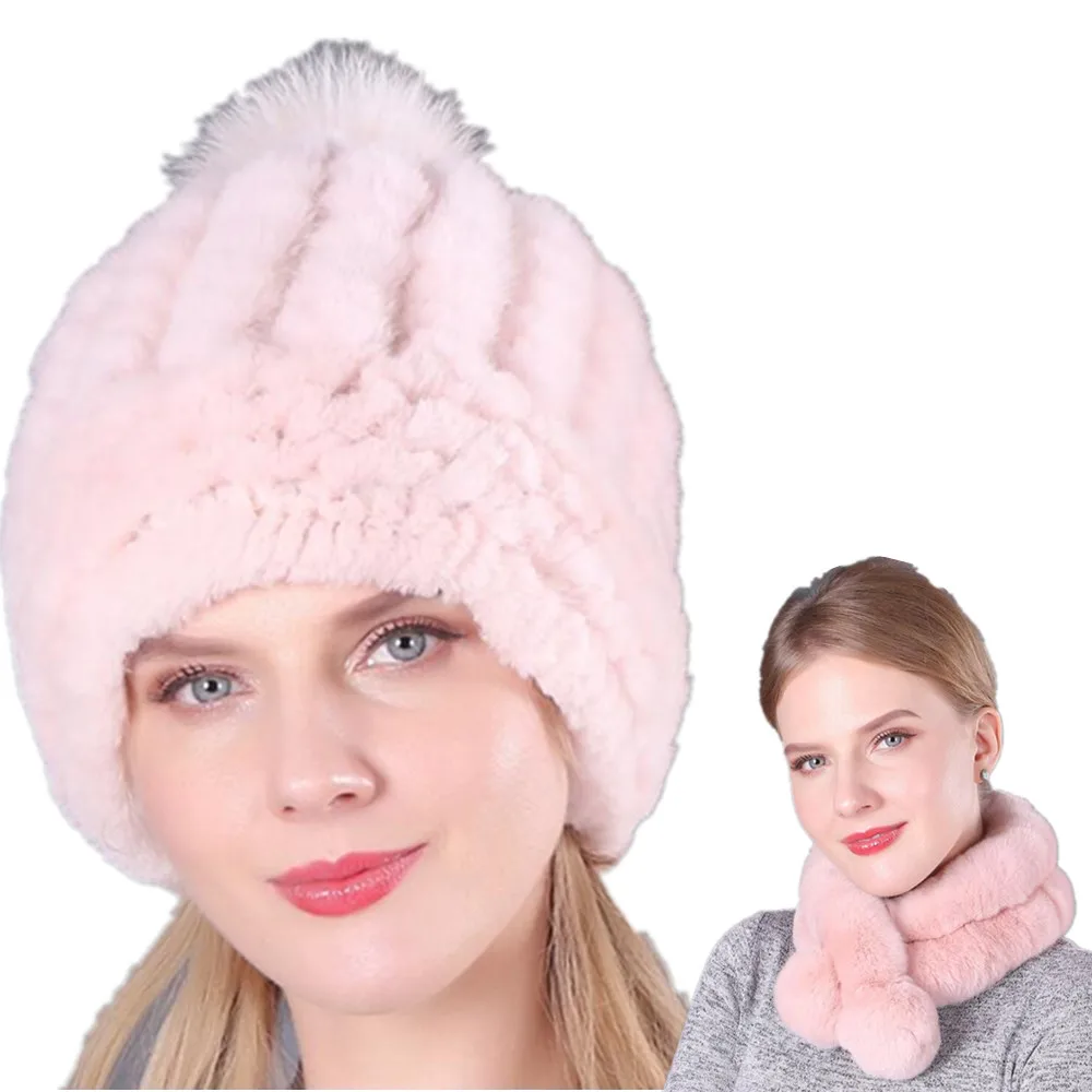 Pink Hats and scarf Комплекты зимних шапок и шарфов для женщин; цвет розовый, серый; теплый шарф из кроличьего меха; вязаные шапки из лисьего меха с помпонами; Аксессуары для девочек; шапки - Цвет: Pink Hats and scarf