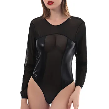 

Women Teddy Sexy Lingerie One-piece Patent Leather Nightdress For Ladies Solid Black Sexi Langerie Mujer Woman Underwear Porno