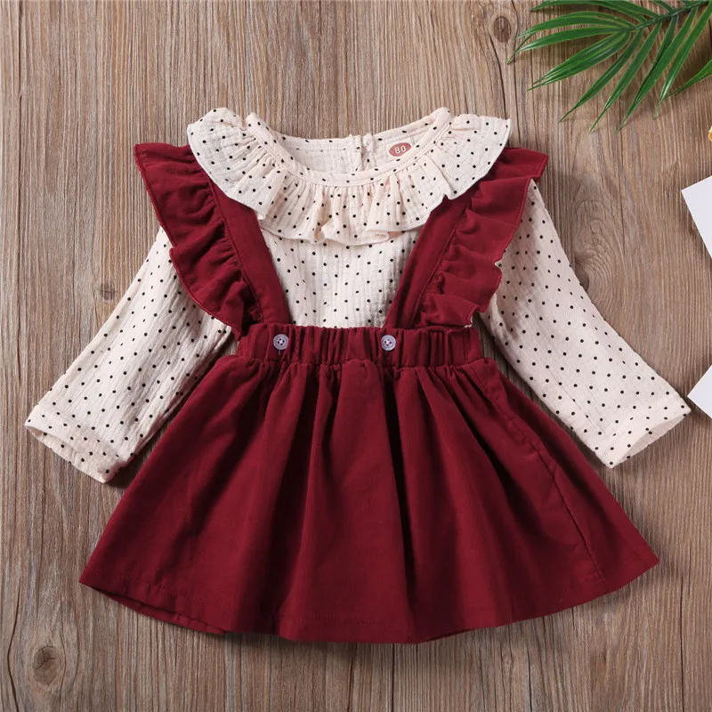 Girl Ruffles Polka Dot Print Tops Strap Dresses 2 Pcs