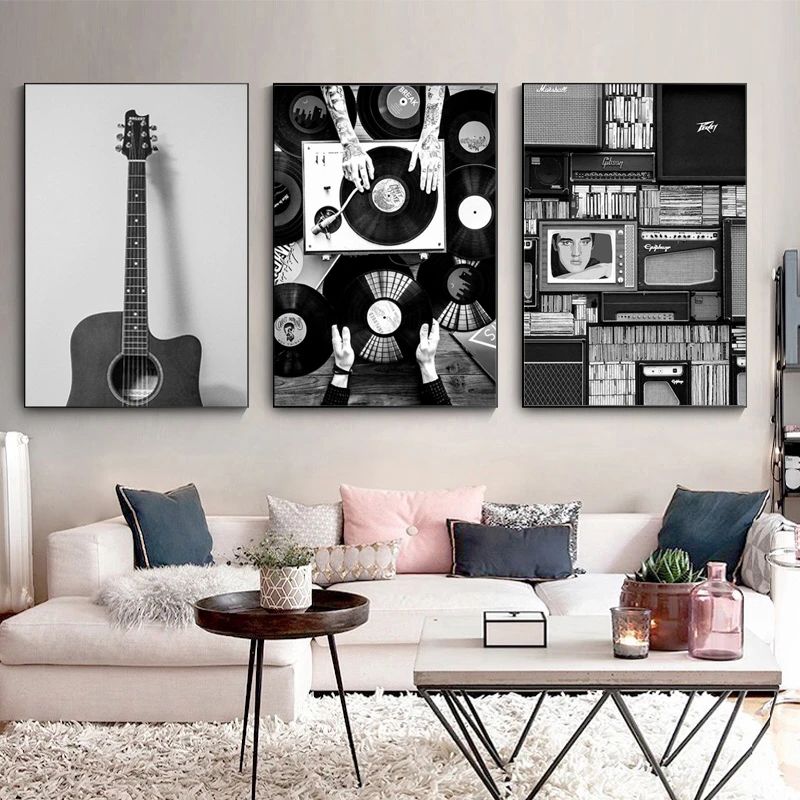 Pintura en lienzo de discos de música en y Vintage, decoración nórdica para el hogar, arte pared, carteles de guitarra Retro, sala de estar minimalista|Pintura y caligrafía| - AliExpress