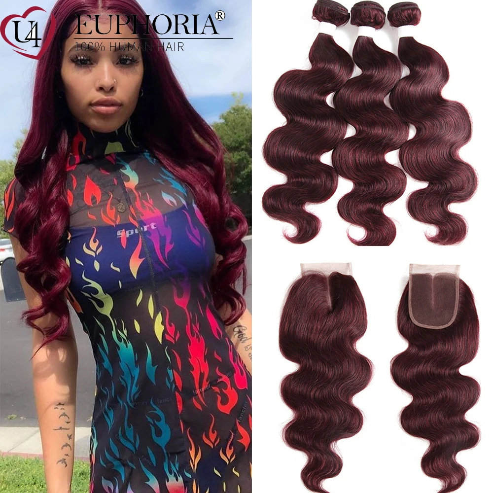 99J Burg Bundles Hair With Closure Blonde 27 Body Wave Brazilian Remy 100% Human Hair 3/4 Bundles With 4x4 Lace Closure Euphoria