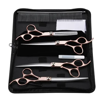 

Professional Pet Hair Scissors Set 7” 4pcs Different Scissors With Gold Handle Grooming Hairdressing Shear Scissors With PU Bag