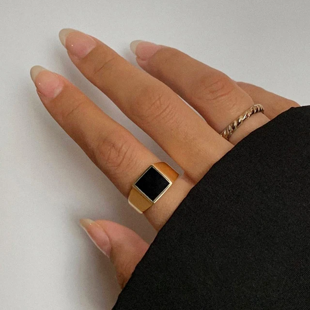 Peri'sBox Textured Circle Square Black Enamel Rings Yin and Yang Geometric Rings for Women Vintage Stainless Steel Jewelry 2020 Square Plain