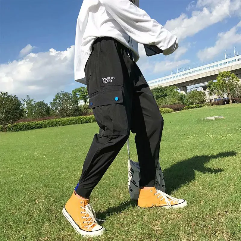 Харадзюку летние капри брюки мужские свободные нагрудник комбинезон Гонконгский Стиль Повседневный корейский стиль тренд BF Стиль обтягивающие хип-хоп брюки