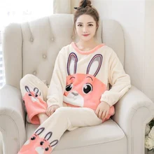 Girls Rabbit Flannel Pajamas Kawaii Pijama Women Winter Pyjamas Coral Velvet Sleepwear Plants Negligee Nightwear Home Wear