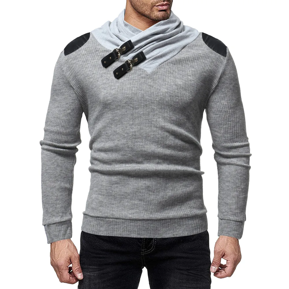 

Men's Autumn Winter Casual Leather Patchwork Long Sleeve Knit Sweater Shirt Mens Sweaters Knitted Cashmere Wool Pull Homme 7.24