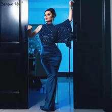 Серен Хилл темно-синее атласное Русалка сексуальное вечернее платье с блестками на одно плечо рукав летучая мышь официальное вечернее платье CLA70347