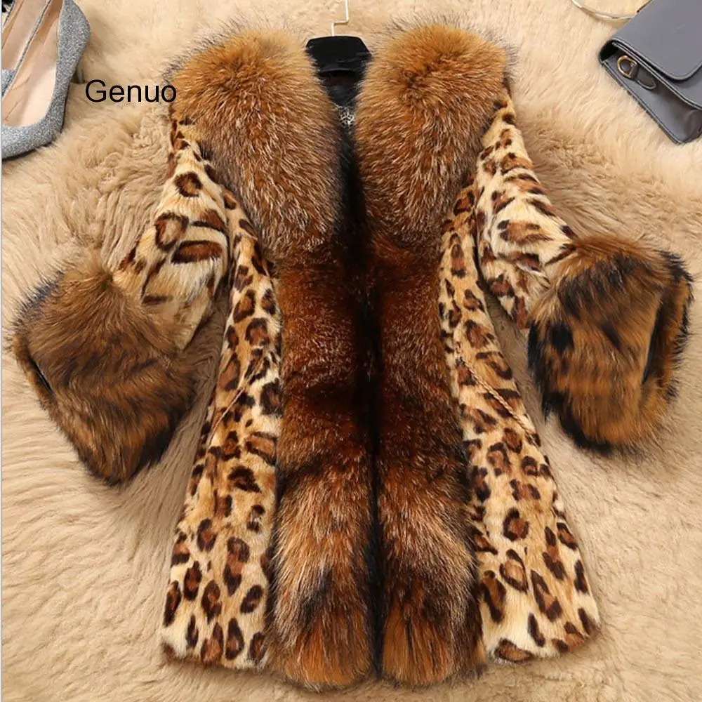 Women Faux Collar Jacket Leopard Medium Long Coat Jacket Long Sleeve Outwear Casual Loose Overcoat Warm Coats Autumn Winter 2020