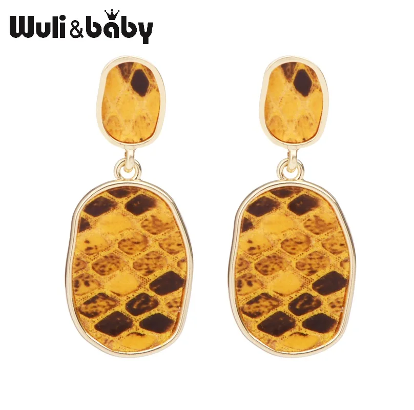 Wuli& baby, змеиная кожа, висячие серьги с рисунком, осень 219, новые женские синие желтые серьги-гвоздики с подвеской
