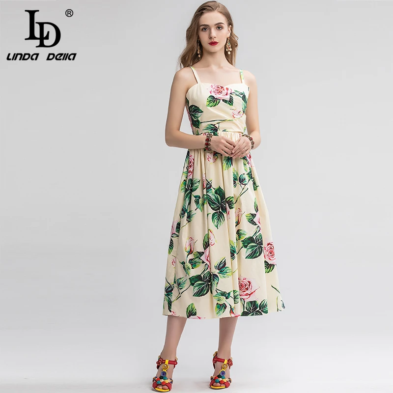 LD LINDA Делла, летнее модное подиумное платье из хлопка, женское платье на тонких бретелях, повседневное элегантное платье миди с цветочным принтом розы - Цвет: Многоцветный
