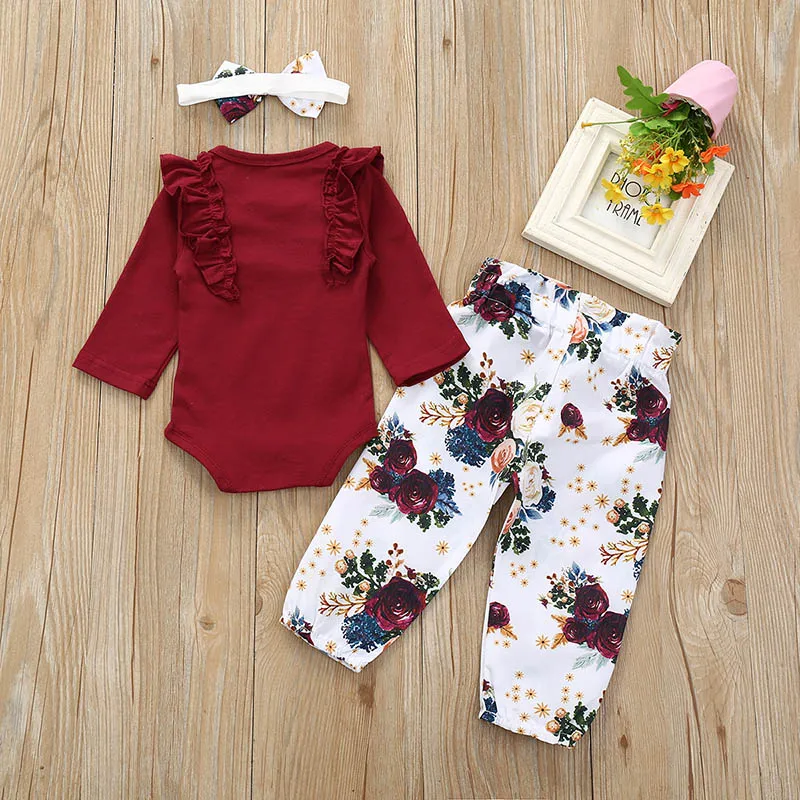 Fashion0-18M Детский комбинезон; Осенний комбинезон с длинными рукавами и рюшами для маленьких девочек; топы; Цветочные штаны и повязка на голову; одежда