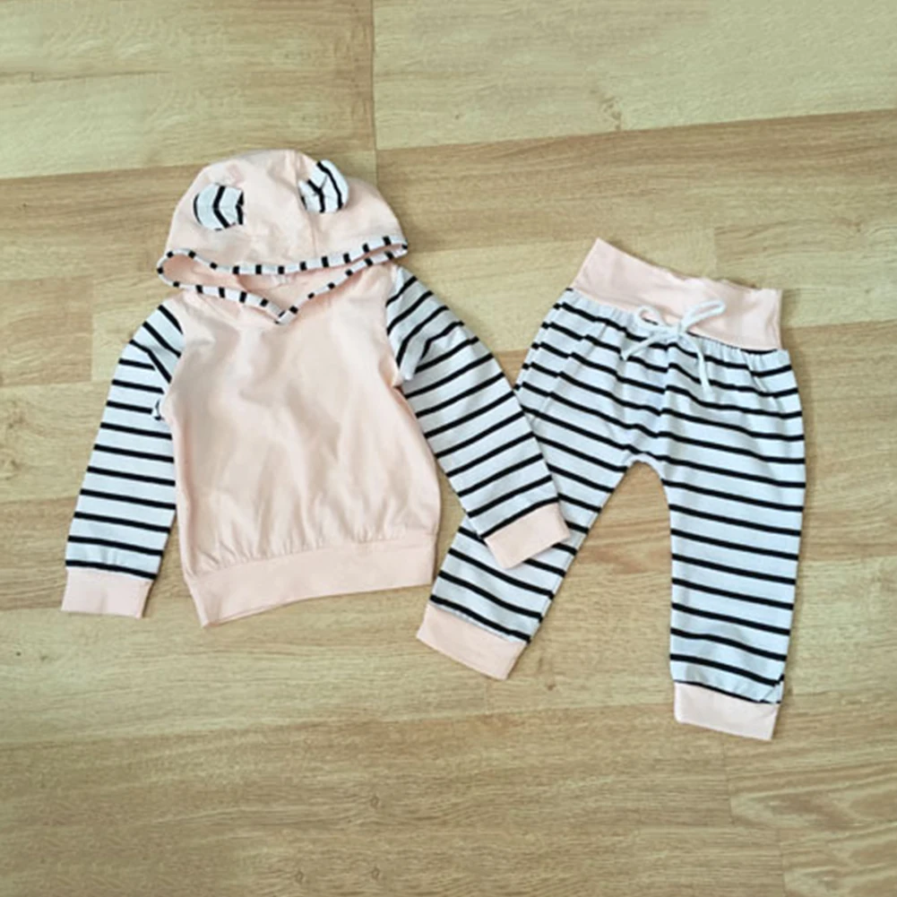2 шт./компл. для новорожденных, для маленьких мальчиков и девочек толстовка с капюшоном+ штаны, костюм, топ с капюшоном и длинными рукавами, в полоску, комплект со штанами для новорожденных