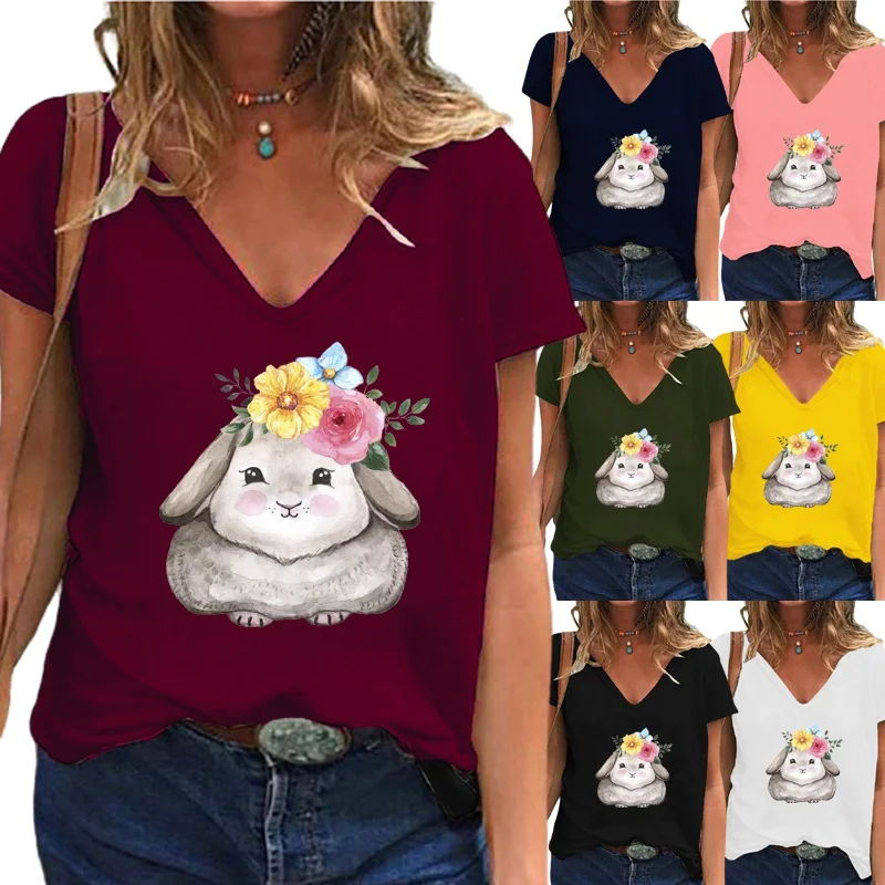 New Arrival Womens Summer Fashion Casual Cartoon Printed Short Sleeve V-Neck T-shirt Loose Graphic Shirt Plus Size Blouse Tops | Женская
