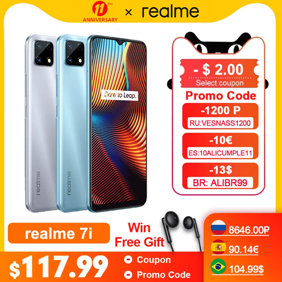  Realme 7i RMX2193 6,5 "" HD + 4GB 64GB 48MP AI тройной камеры смартфон Helio G85 Octa Core 18 Вт Quick Charge 6000 мА/ч, мобильный телефон 