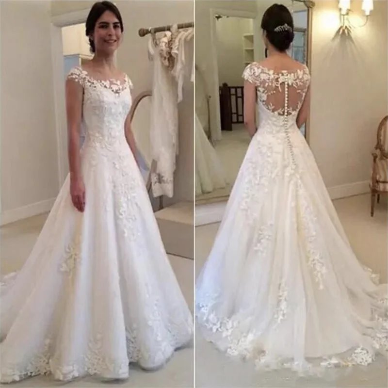 Neue Vestido de Noiva Kappen-hülsen O-ansatz A-Line Hochzeit Kleid 2021 Illusio Durch Zipper Button Zurück Brautkleid robe de mariee