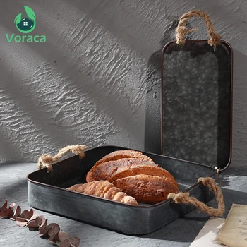 

Vintage Thicken Wrought Iron Storage Tray with Hemp Rope Handles Retro Bread Tray Antique Storage Plates Home Decor Photo Props