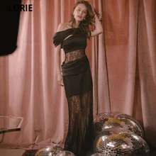 

LORIE Black Satin Mermaid Evening Dress Strapless Lace Prom Gowns Sleeveless Formal Club Party Dresses Robe De Soirée Femme