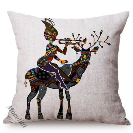 African Folk Traditional Music Art Hand Painted Africa Women Ride Giraffe Abstract Pattern Sofa Pillow Cover Linen Cushion Cover K156-5