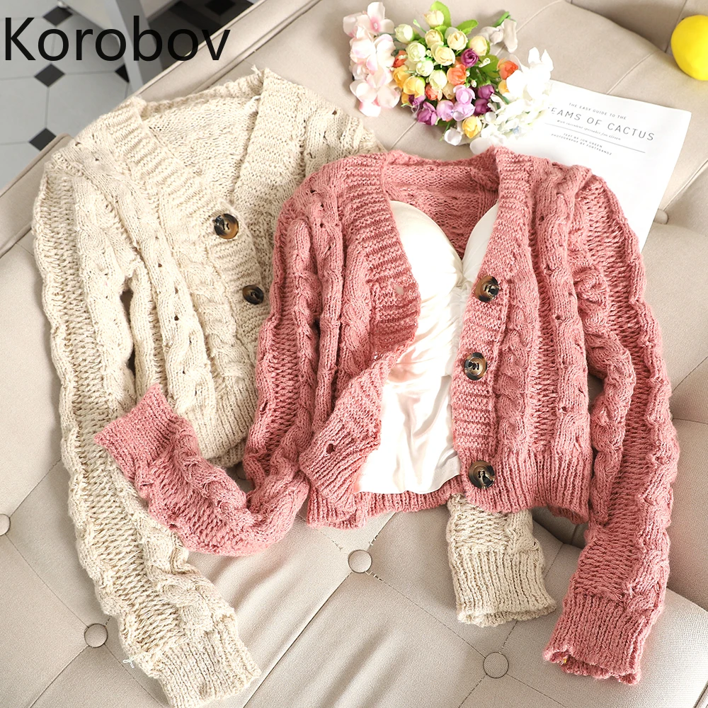 

Korobov Vintage Solid V Neck Single Breasted Cardigans Female Hollow Out Korean Long Sleeve Cardigan Crop Sweater 78837