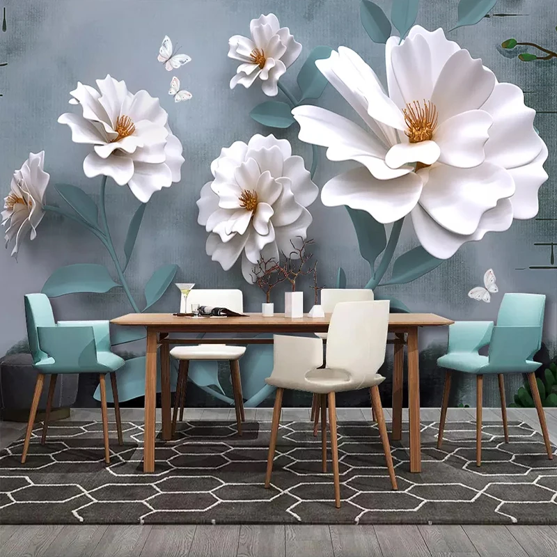 Custom Self adhesive Wallpaper Waterproof 3D White Floral Flower Petals Wall Murals Modern Living Room Bedroom Background Decor