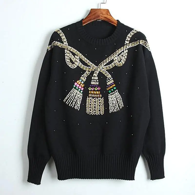 Red RoosaRosee Designer Autumn Winter Women Kniited Sweater New Type Loose Heavy Beads Puuovers Lady White Black Clothes Top