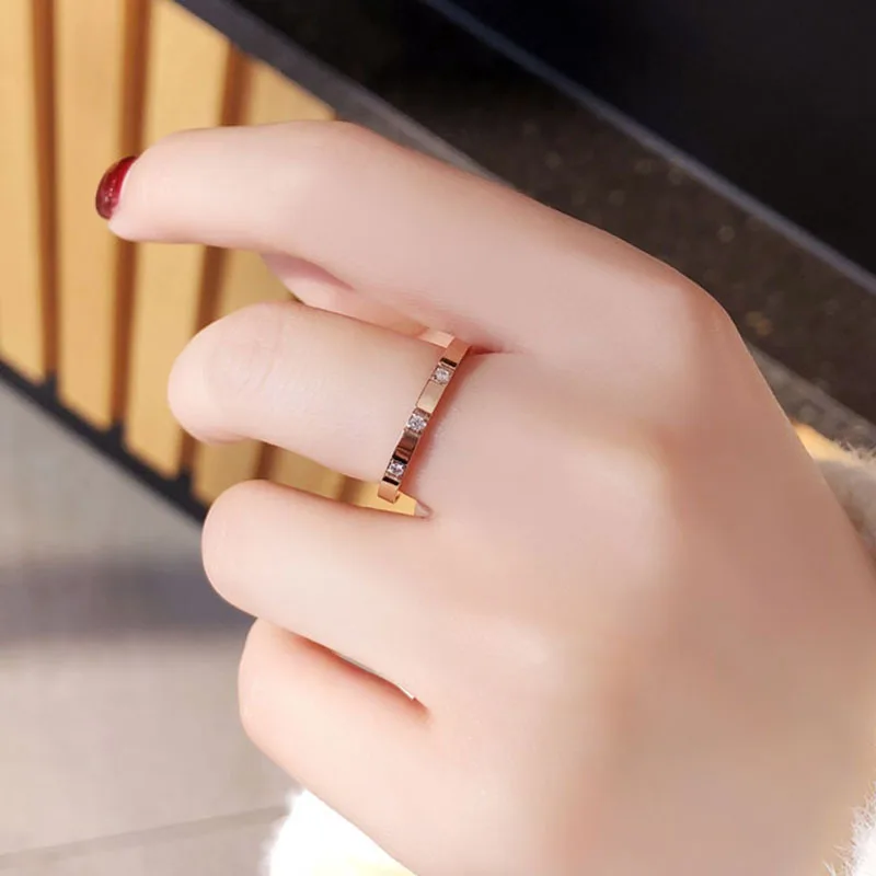 Wedding Band Stackable Ring Stainless Steel 2mm Thin 3 Stone CZ for Women Girl Size 4-10