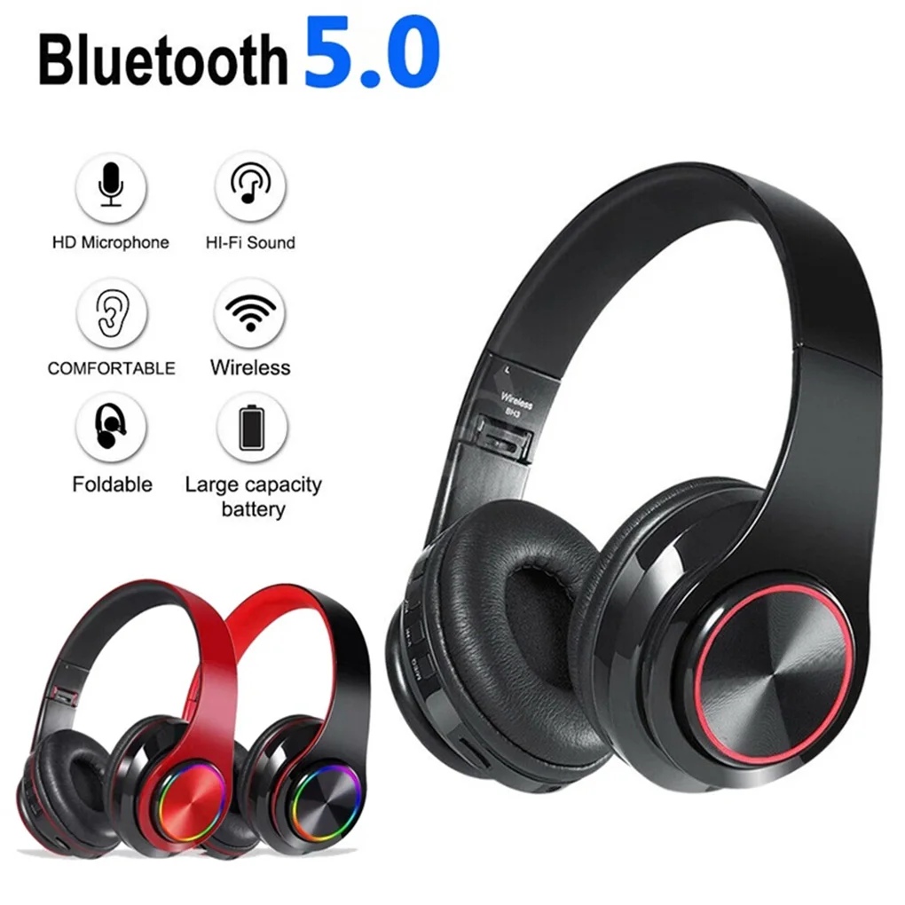 B39 Colorful LED Headphone Portable Folding Built in FM Earphones Wireless Bluetooth V5 0 Headset With MIC Support TF Headset