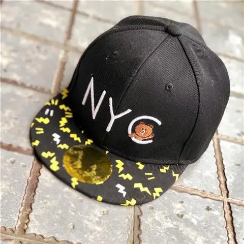 NYC BEAR BLACK Модная демисезонная плоская шляпа для маленьких мальчиков и девочек от 2 до 8 лет, Очаровательная Регулируемая 3D мужская Кепка с китайскими иероглифами, солнцезащитная Кепка - Цвет: NYC BEAR BLACK