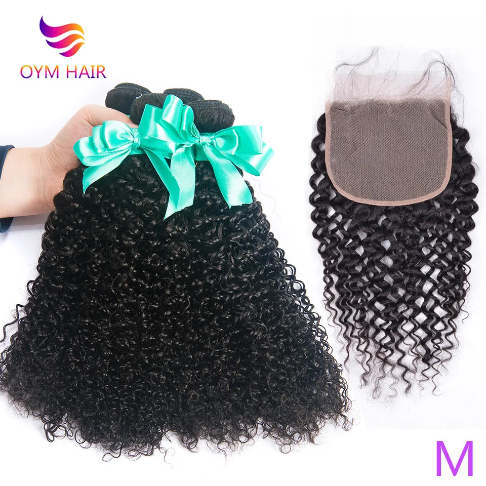 

OYM HAIR Malaysian Curly 100% Human Hair Bundles With Closure 5x5 Lace Closure Free/Middle Part Non-Remy Hair Extension