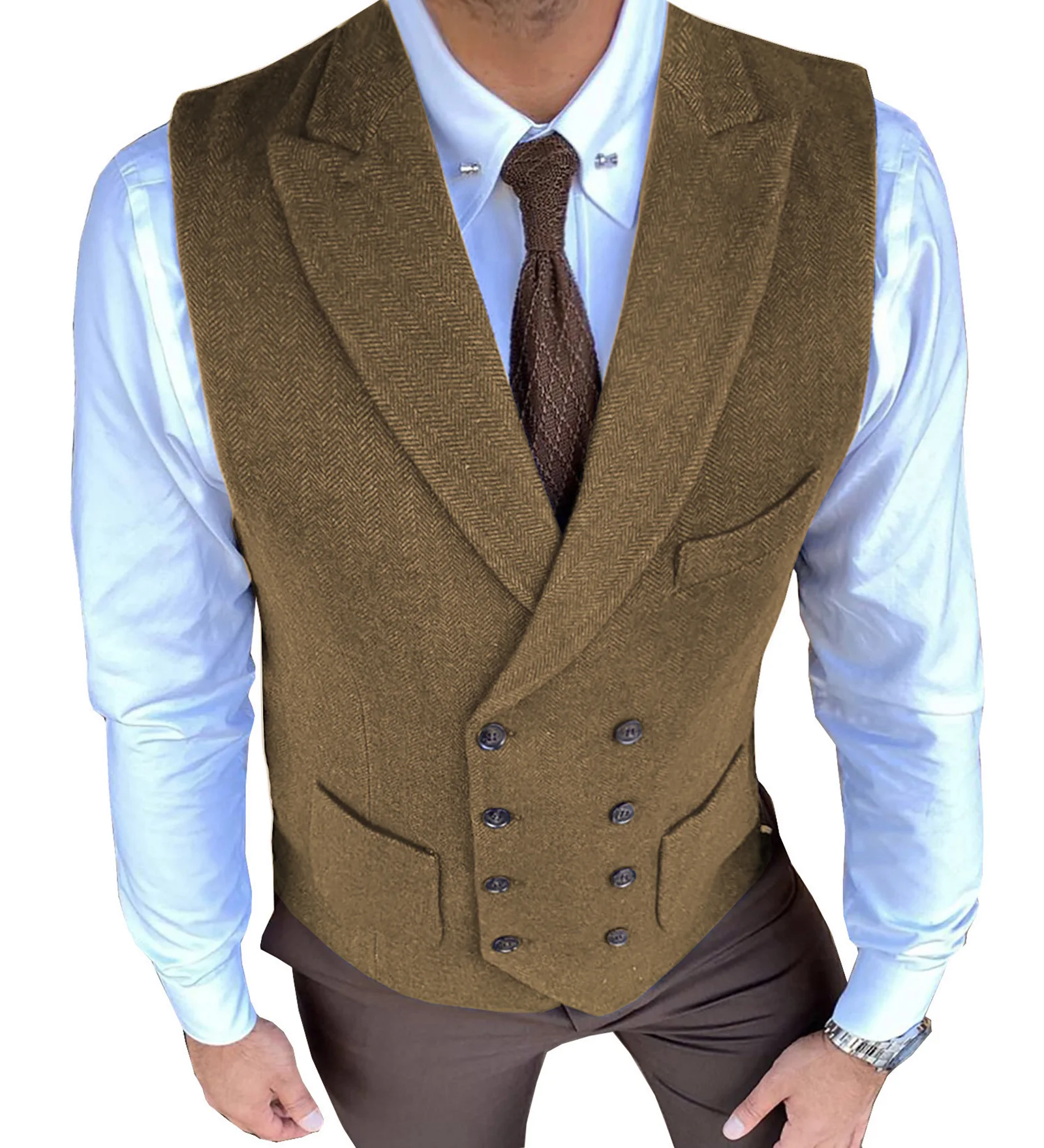 Royal Blue Suit Vest Men Jacket Sleeveless Vintage Tweed Vest Double Breast Plus Size Herringbone Waistcoat Groommen For Wedding