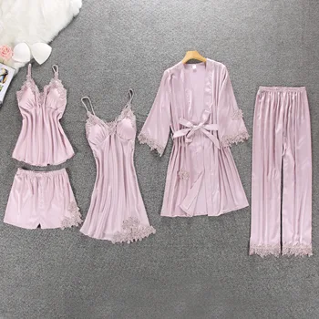 

Women Pajamas 5/4/2/1 Pieces Satin Sleepwear Pijama Silk Home Wear Home Clothing Embroidery Sleep Lounge Pyjama with Chest Pads