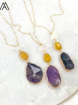 

Natural White Quartz Point Beads Amethysts Quartz Pendant Necklace Handmade Jewelry Women Gold Necklace Long 16Inch NE009AMCC