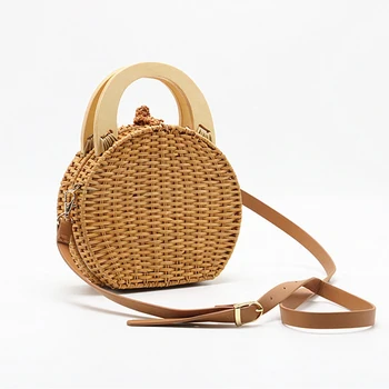 

Straw Handbag Women Wooden Hand-Woven Top-Handle Beach Bag Circular Knitting Bags Travel Tote Straw Bags For Women Crossbody Bag