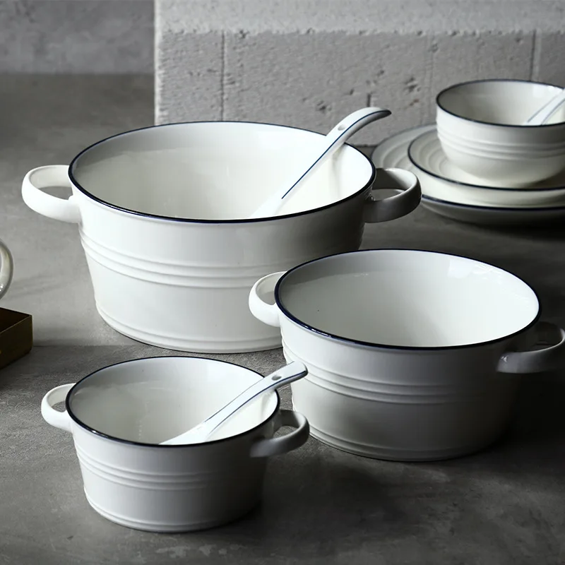 

Blue and Nordic Style Simple Ceramic Double Ear Bowl Tableware Salad Bowl Anti-scalding Noodle Soup Bowl Dessert Breakfast Oat