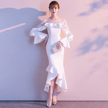 

Floral Embroidered Mesh Ruffles Flare Sleeve Long Asymmetrical Mermaid Sexy Club Dresses Elegant White Dress For Wedding Party