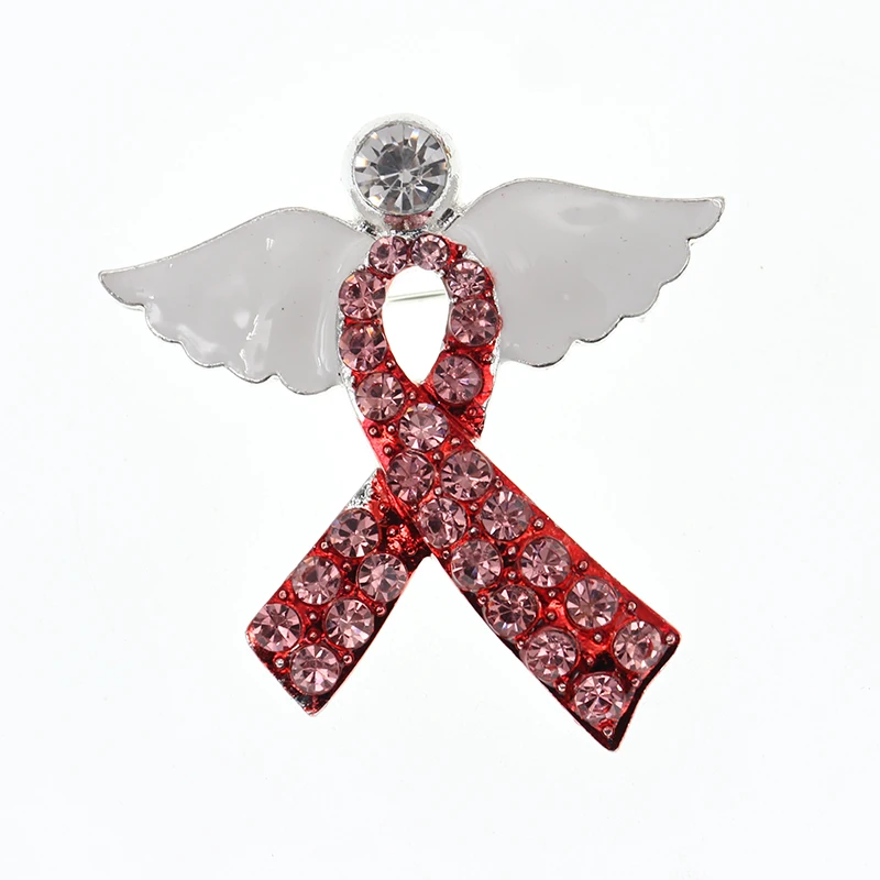 

30pcs/lot New Pink Ribbon Rhinestone Angel Wing Brooch Pin Breast Cancer Awareness AIDS Brooches Jewelry
