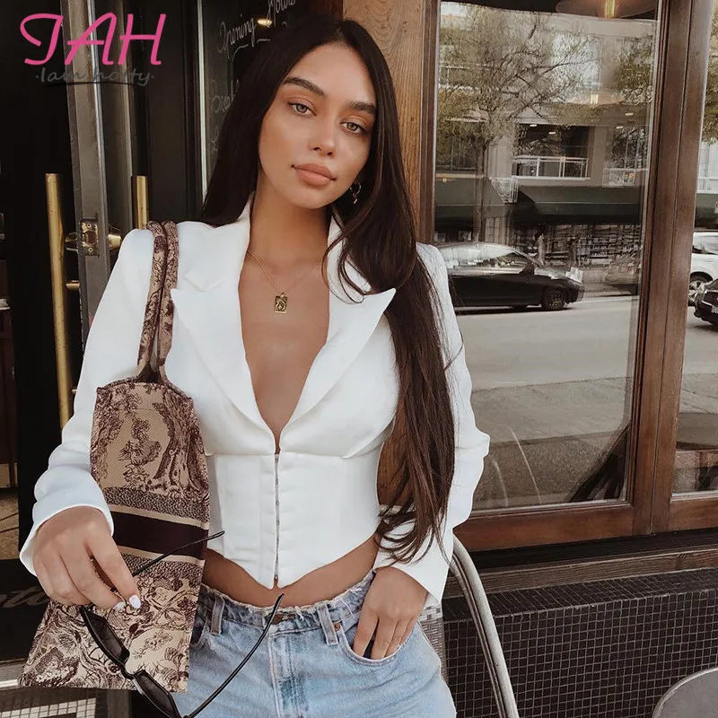 

Iamhotty White Blazer Mujer 2019 Long Sleeve Waist tie Notched Polyester V-Neck Blazer For Women Office Lady Basic Fashion Tops