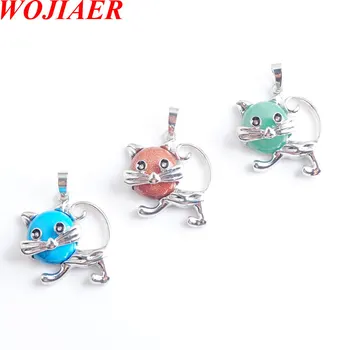

WOJIAER Natural Stone Pendant Necklace for Women Girl Cute Cat Shape Rock Pink Quartz Black Onyx Beads Reiki Jewelry PBN801