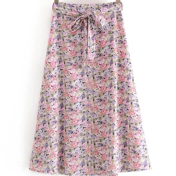 

2020 summer women's new French retro high waist belt chiffon breasted skirt skirt floral split mid-length skirt