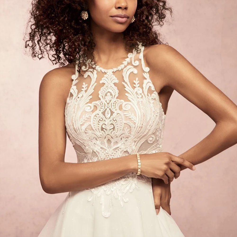 Fadzeco Lace Sexy Sleeveless Flohanging neck See Through Neck Appliqued Lace Wedding Dresses2019 Bridal Gown Dress White Ivory