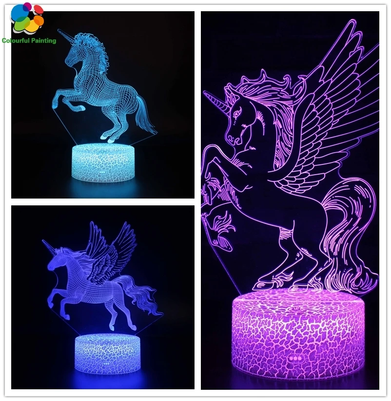 

Remote Control Unicorn 3D Light LED Crack Base Illusion Night Light 7 Colors Changing Mood Lamp 3AA Battery Powered USB Lamp 4